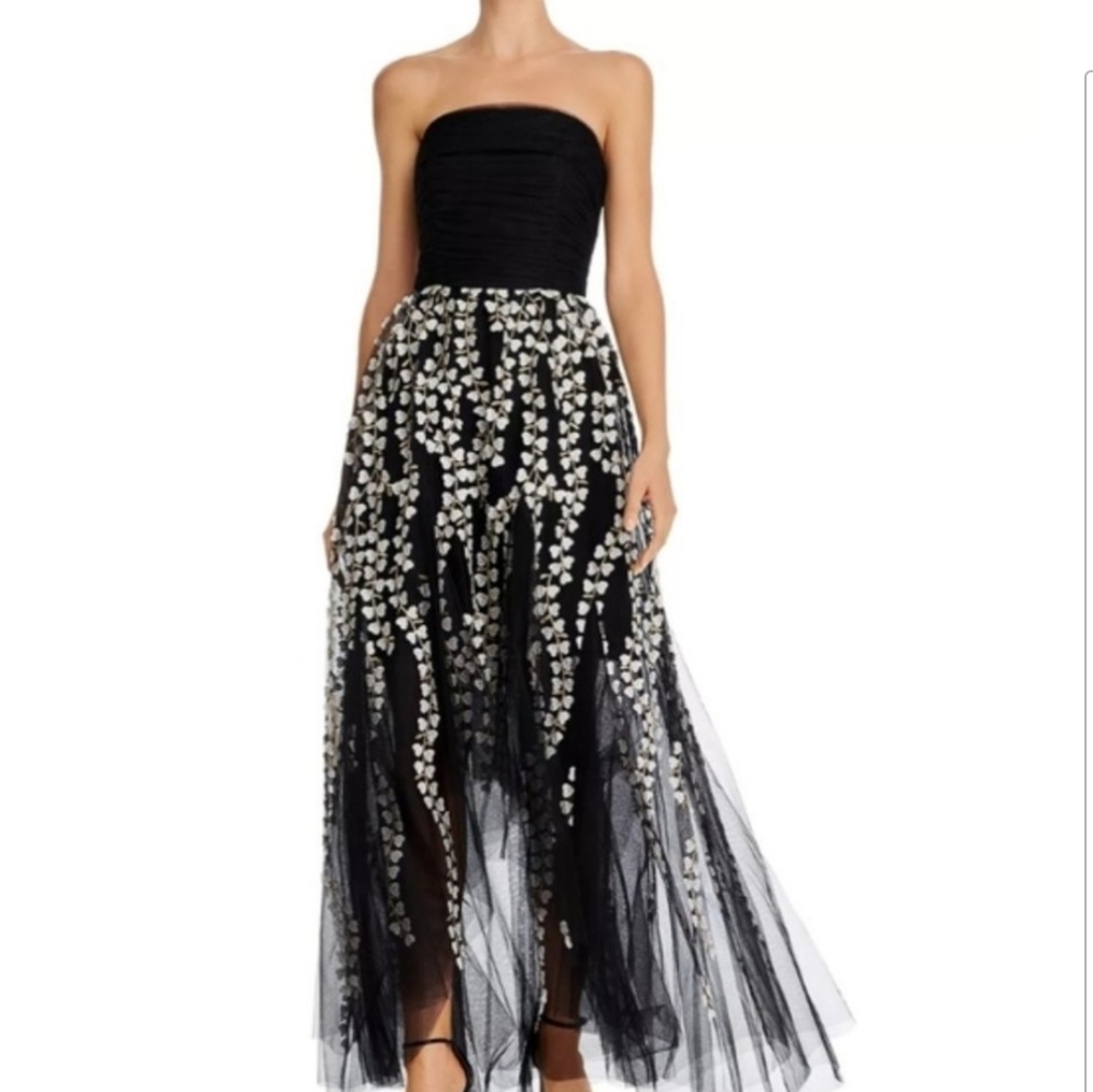 BCBGMaxAzria Black Strapless Tulle Gown with Ivory Floral Appliqué
